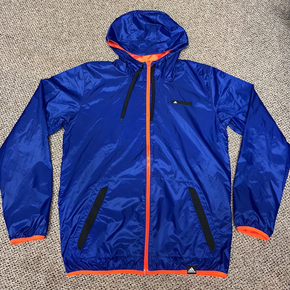 Adidas Mens Blue Orange Ripstop Hooded Windbreaker Jacket Medium Full Zip 6365